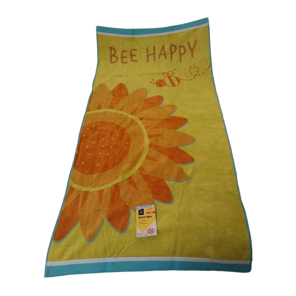 Member's Mark Kids Beach Towel Bee Happy 30x60in 100% Cotton Yellow Machine Wash
